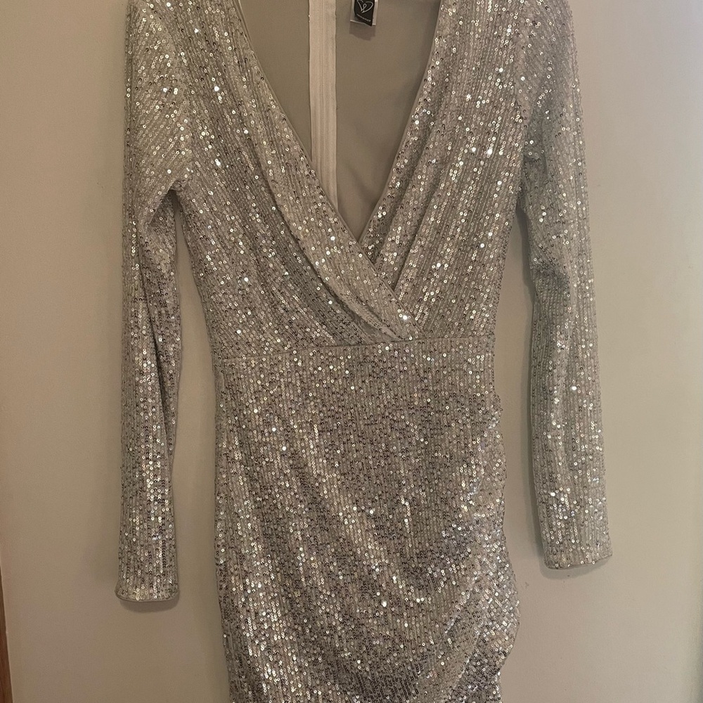 Windsor Silver Sequin Long-Sleeve Wrap Dress